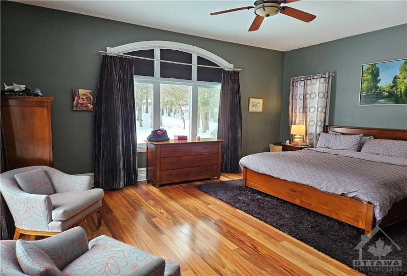 The primary bedroom has three walls of windows and overlooks the lush backyard. There is a walk in closet with custom cabinetry, double doors lead to the patio and give easy access to the pool.
