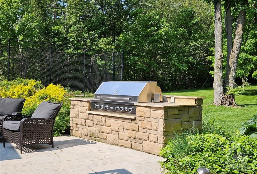 A granite topped built-in Viking Gas BBQ is the ideal place to cook for a large crowd. The gas line is inground. The fenced area beyond can be used as a batting cage, golf swing practice area or whatever you want to imagine it being.