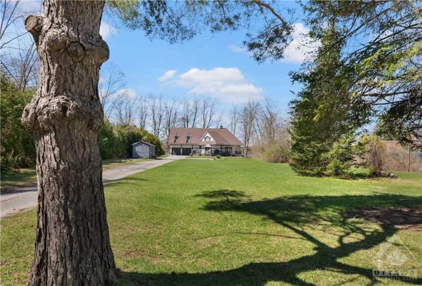 Beautiful large front lawn which has a little creek along the right hand side.  There is also a firepit on this side.  Shed is 24 x 10.  Lots of space for family games - volleyball, horseshoe toss... endless possibilities.