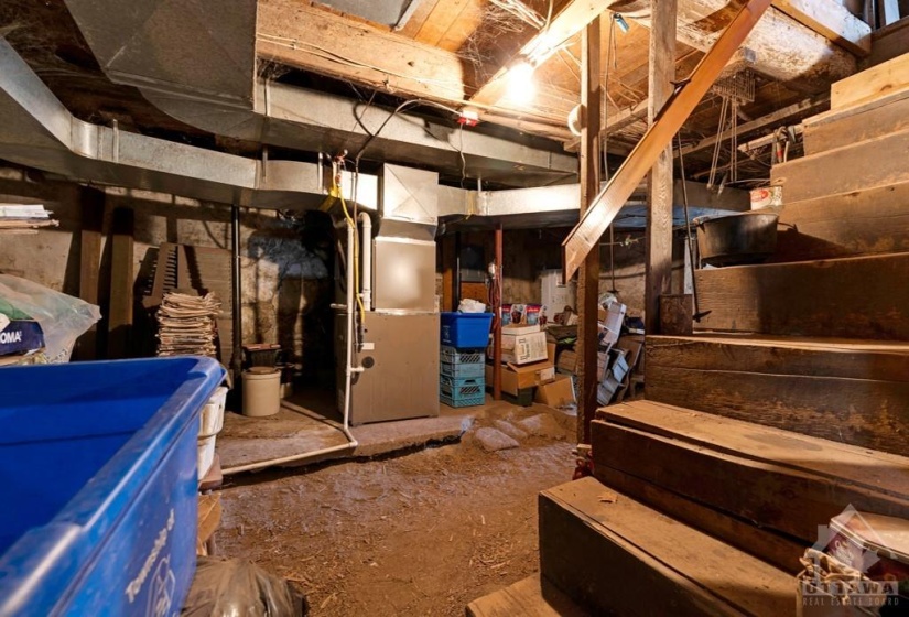 Basement has utility area plus workshop with woodstove and outside door