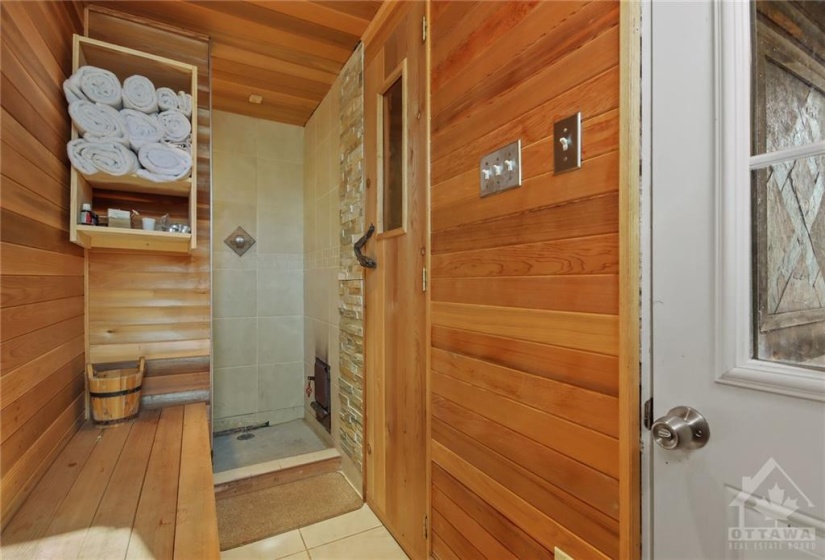 The sauna shower can be hooked up to exterior hose