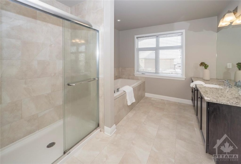 The ensuite features a walk-in shower and soaker tub, two sinks, and gorgeous finished throughout including granite counters