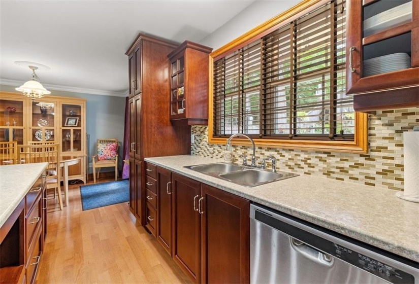 Kitchen windows looking onto backyard