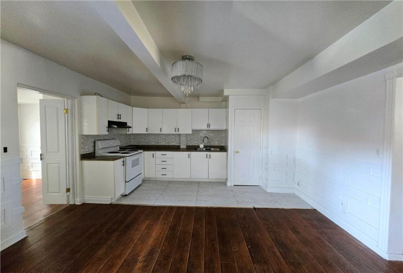 The large kitchen with plenty of cupboard space.