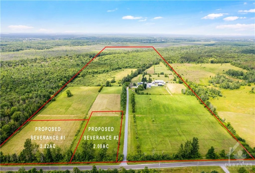 Aerial view of two, 2 acre approved severances. Lots being sold separately for $159,000 each.