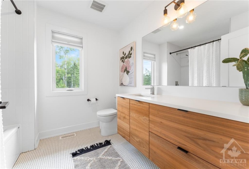 Modern Full Bath w/Hexagon 2 inch tiles, Large Wood Vanity w/Plenty of Storage, Quartz Counters & Horizontal Subway Tiled Shower