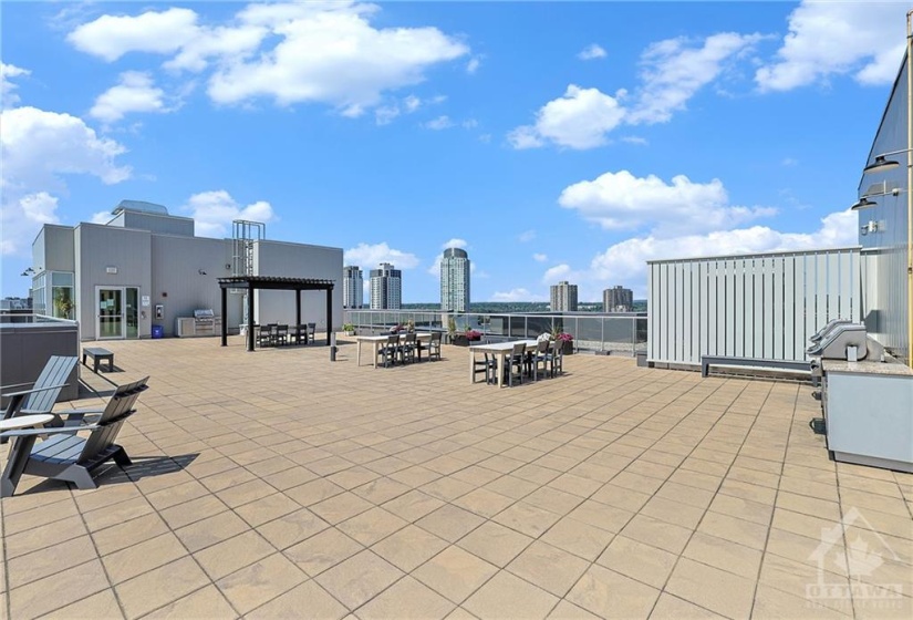 Large rooftop patio with barbecues and lounge areas