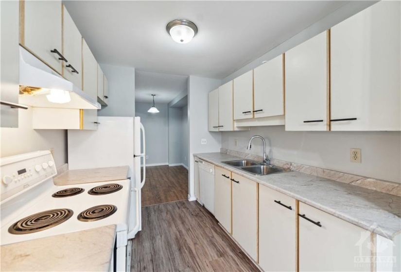 Kitchen with fridge, stove, dishwasher, hood fan.