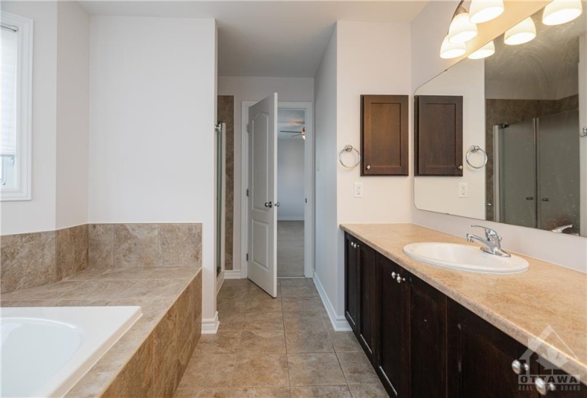 Large soaker tub, stand-alone shower and long counter tops