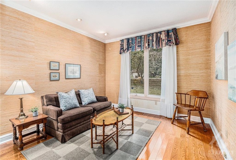 Third bedroom features grasscloth textured wallpaper