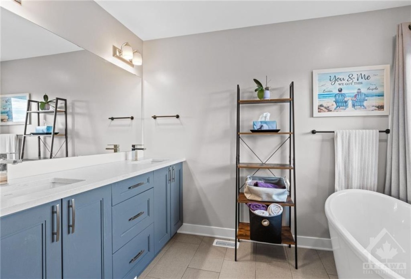 Primary en suite w/ dual sinks and private toilet space.