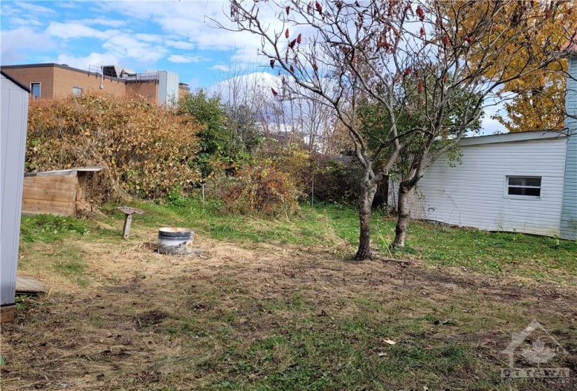 Yard - hen house in rear and fire pit in front. The neighbour's house is to the right.