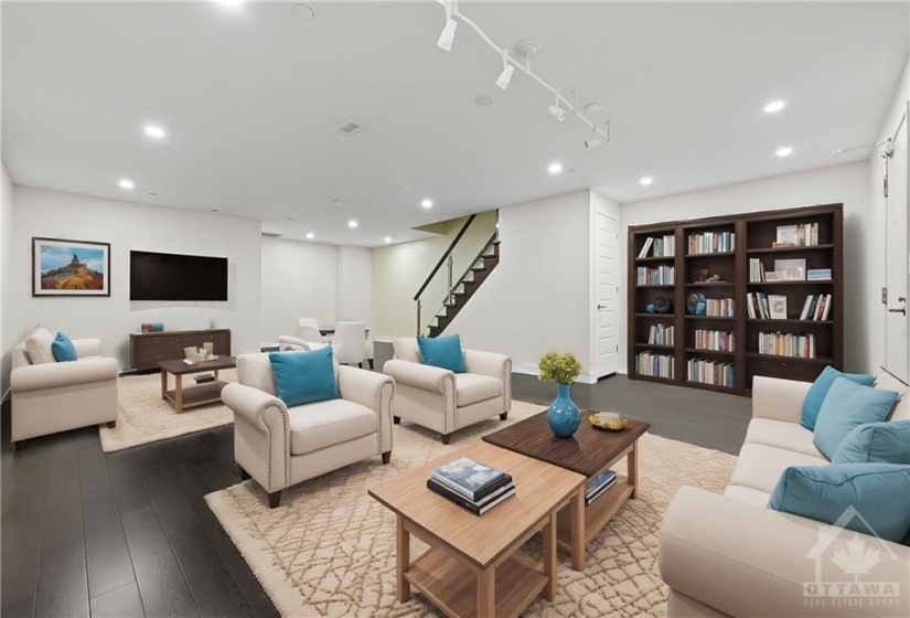 Digitally enhanced as Standard Styled Living Room or Great Room with Library shelving