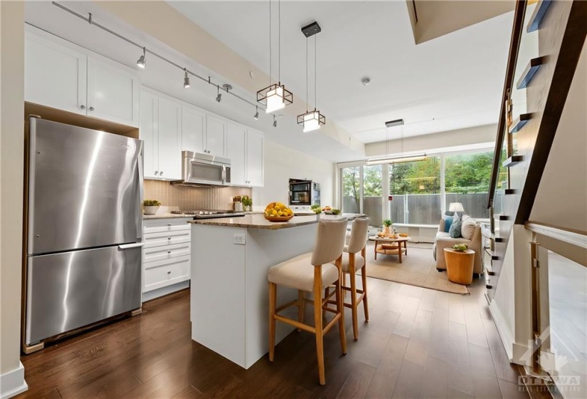 Kitchen digitally enhanced Modern Open Kitchen featuring Luxury Appliances, seamlessly connecting to the Living Space.