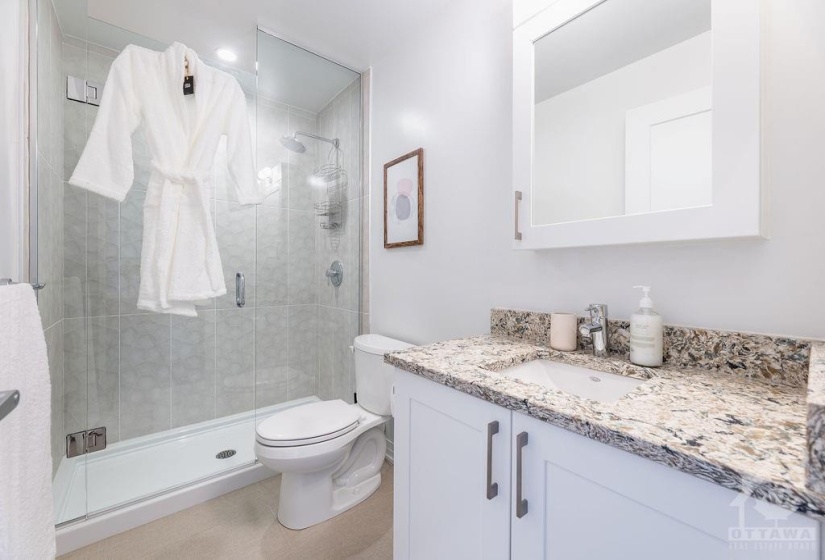 Quartz counter, ceramic tiles. Honeycomb tiles in shower.