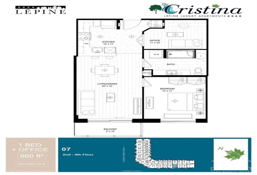Floor plan of the unit, 860 sq ft.
